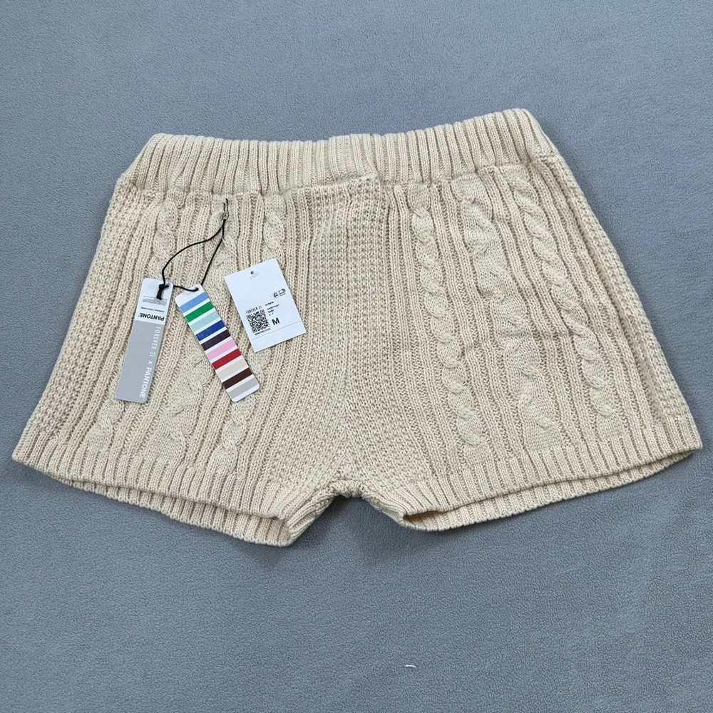 Forever 21 Pantone M Womens Cable Knit Shorts Sand Beige Drawstring Waist Casual
